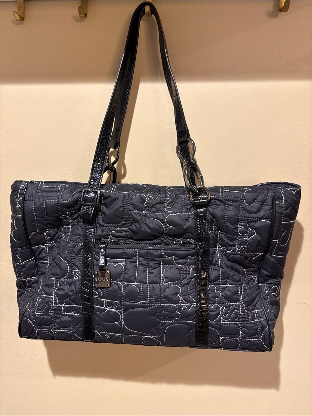 Tous Black Quilted Logo Tote with Patent Trim